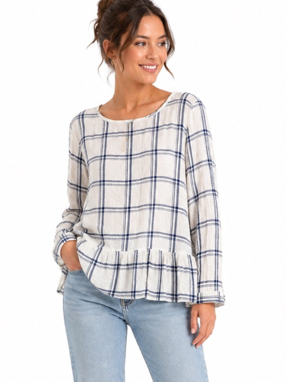 LOFT Windowpane Plaid Peplum Blouse Medium Navy Ivory 100% Rayon Long Sleeve